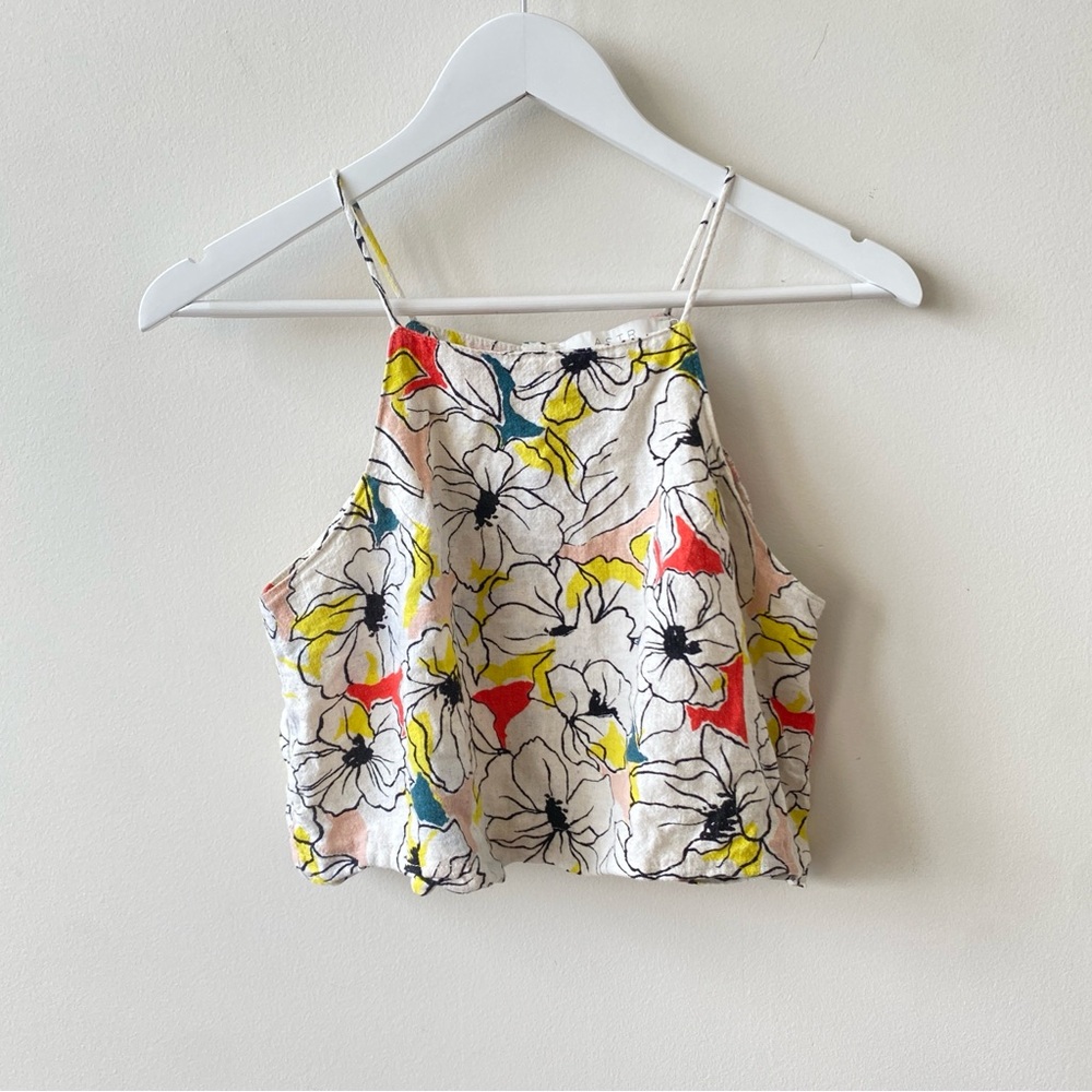 ASTR The Label Floral Print Linen Blend Cropped Women's Top Size XS